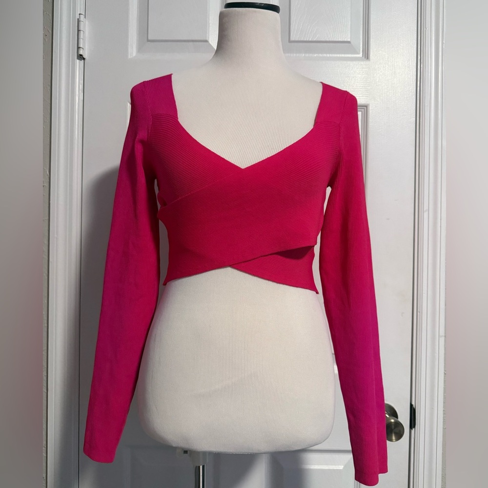 Express Bright Pink Top Criss Cross Long Sleeve Rayon Blend NWT $78.00 Sz Large